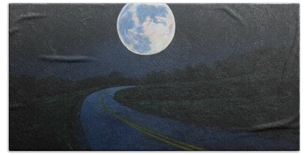 Super Moon Bath Towel featuring the painting Super Moon at the end of the road by Christopher Shellhammer