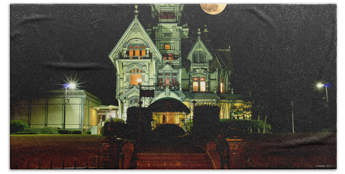 Moon Hand Towel featuring the photograph Super Moon over Carson Mansion by Greg Nyquist