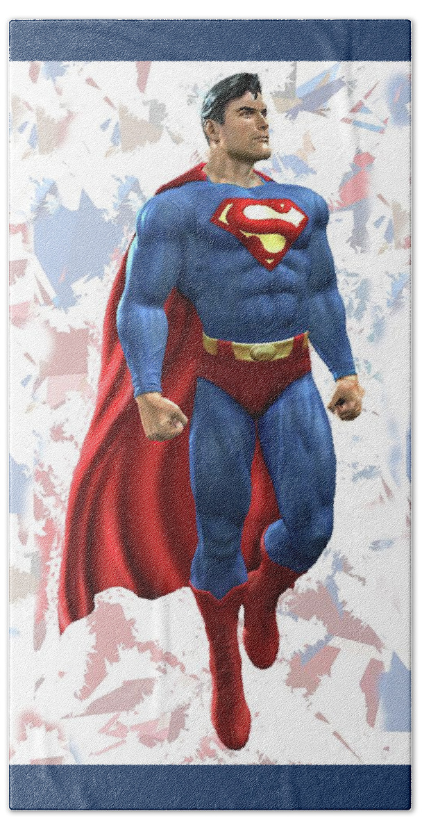 Superman Bath Towel featuring the mixed media Superman Splash Super Hero Series by Movie Poster Prints