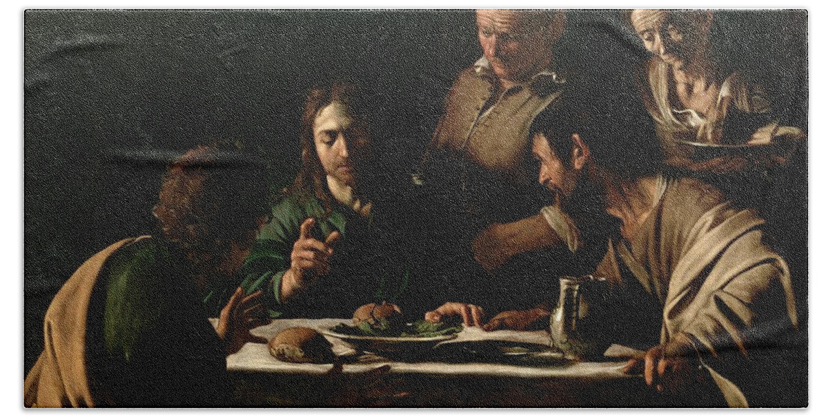 Supper At Emmaus Hand Towel featuring the painting Supper at Emmaus by Michelangelo Merisi da Caravaggio