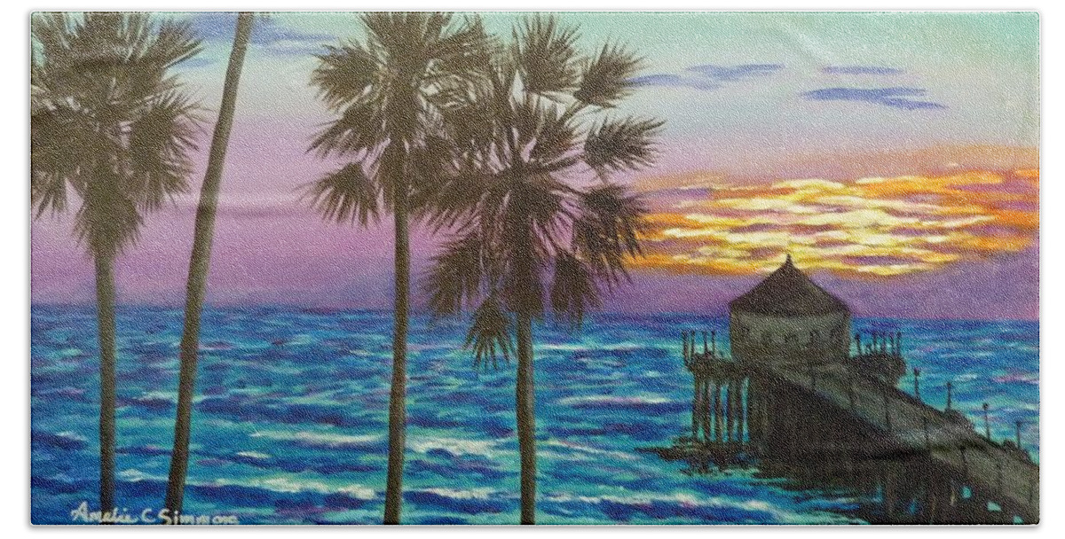 Surf City Sunset Bath Towel featuring the painting Surf City Sunset by Amelie Simmons