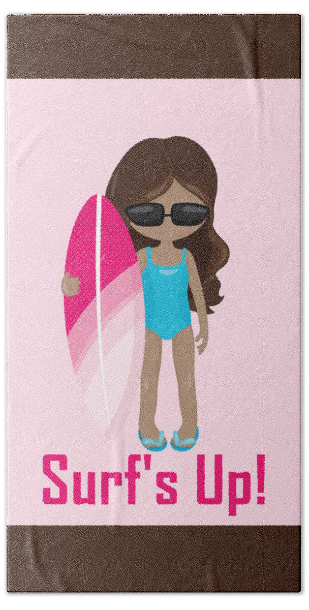 Surfer Art Hand Towel featuring the digital art Surfer Art Surf's Up Girl with Surfboard #16 by KayeCee Spain