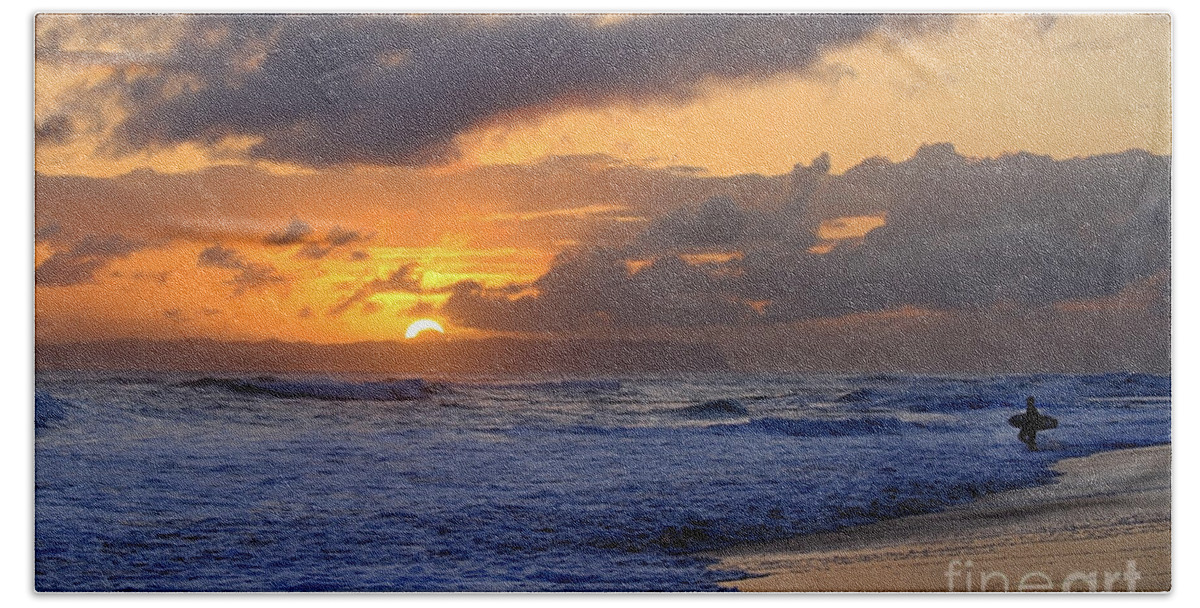 Kauai Bath Towel featuring the photograph Surfer at Sunset on Kauai Beach With Niihau on Horizon by Catherine Sherman