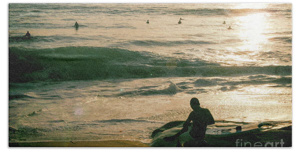 La Jolla Bath Towel featuring the photograph Surfer Boy Sunset by Becqi Sherman