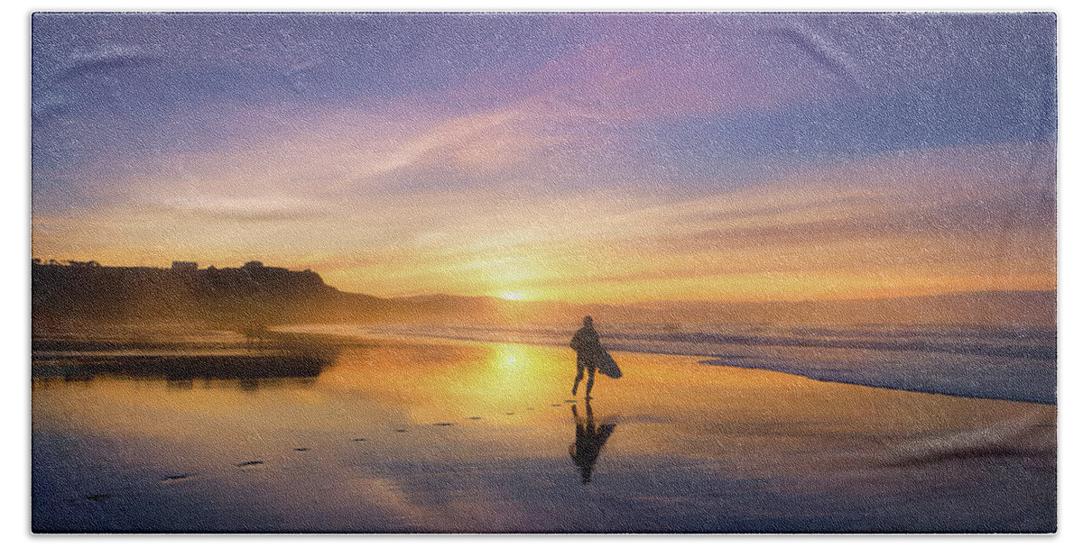 Surfer Bath Towel featuring the photograph Surfer In Beach At Sunset by Mikel Martinez de Osaba