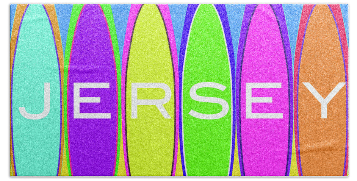 Jersey Bath Towel featuring the digital art Jersey Text on Surfboards on the Beach by Barefoot Bodeez Art