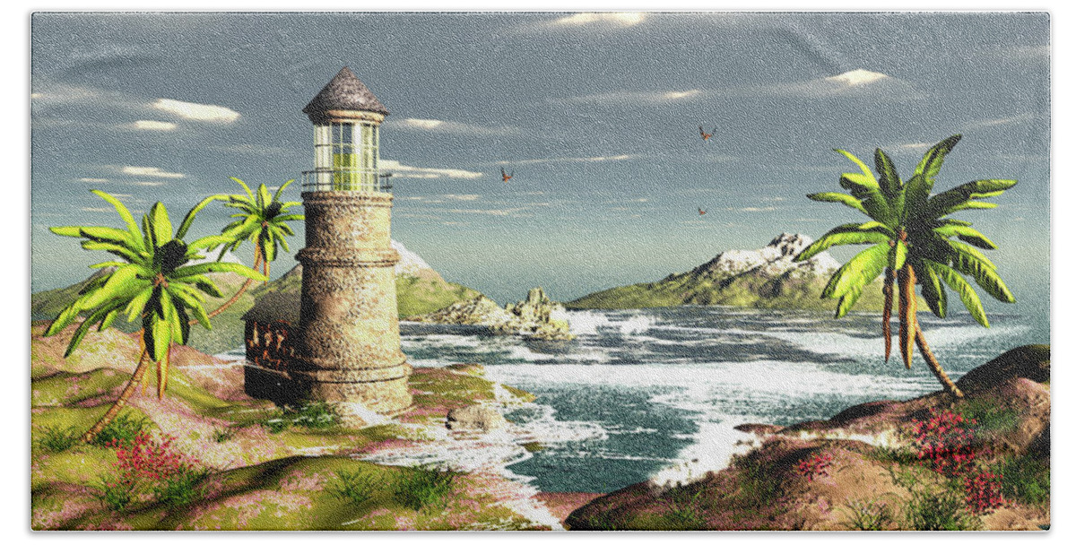 Lighthouse Bath Sheet featuring the digital art Susan Beach Lighthouse by John Junek
