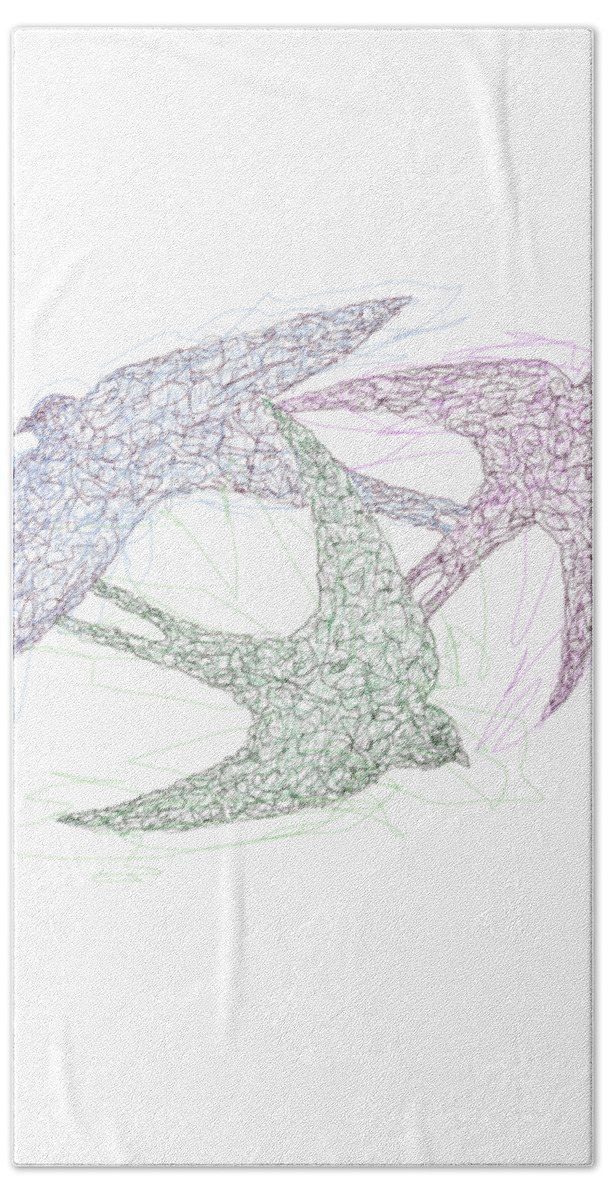 Olena Art Hand Towel featuring the drawing Swallow Birds Motion Design by Lena Owens - OLena Art Vibrant Palette Knife and Graphic Design