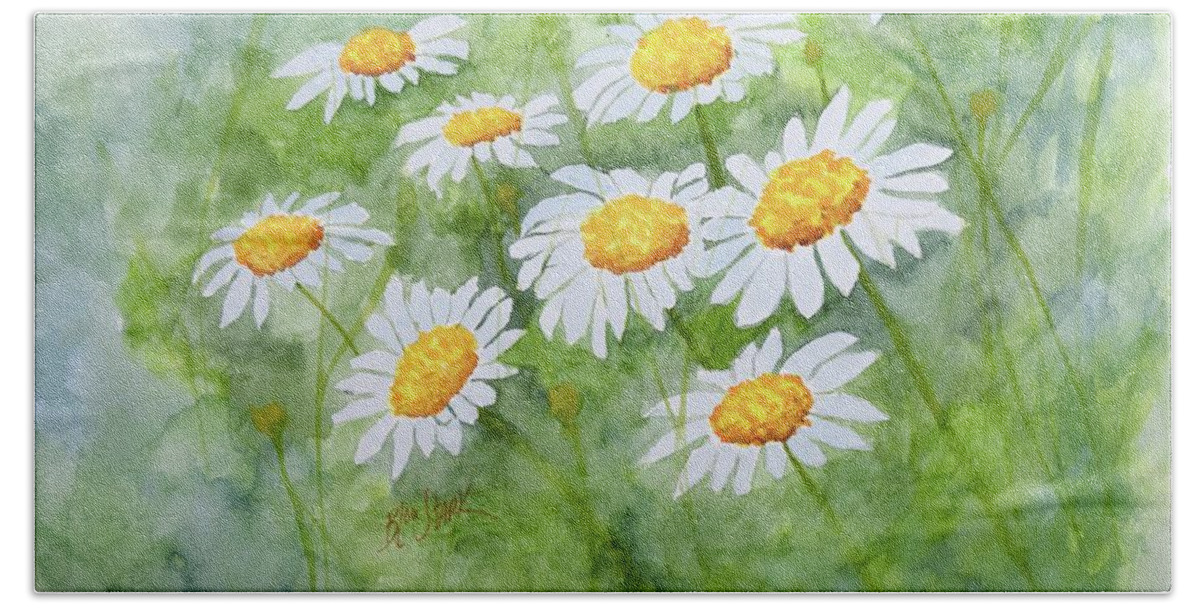  Barrieloustark Hand Towel featuring the painting Swaying Daisies by Barrie Stark