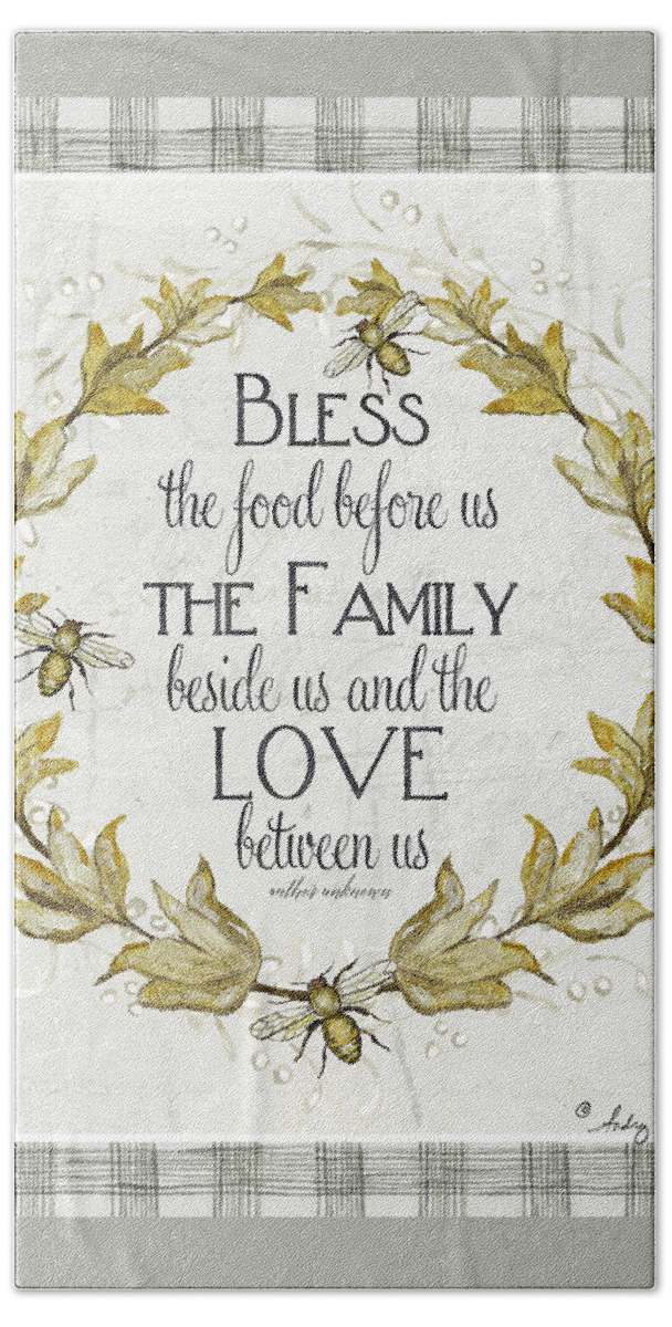 Bless The Food Hand Towel featuring the painting Sweet Life Farmhouse 4 Laurel Leaf Wreath Bee Bless This Food by Audrey Jeanne Roberts