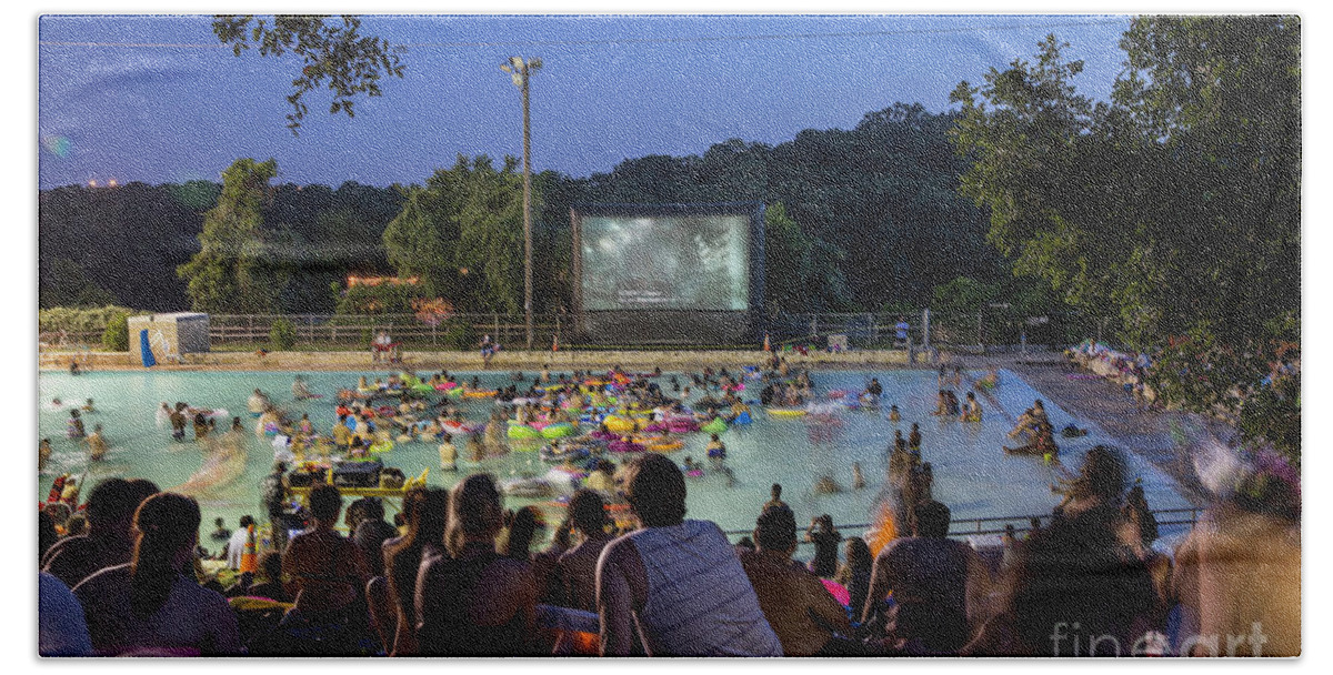 Deep Eddy Pool Splash Movie Night Hand Towel featuring the photograph Swimmers fill the pool for Deep Eddy Pool Splash Movie Night, a favorite summer tradition in Austin, Texas by Dan Herron