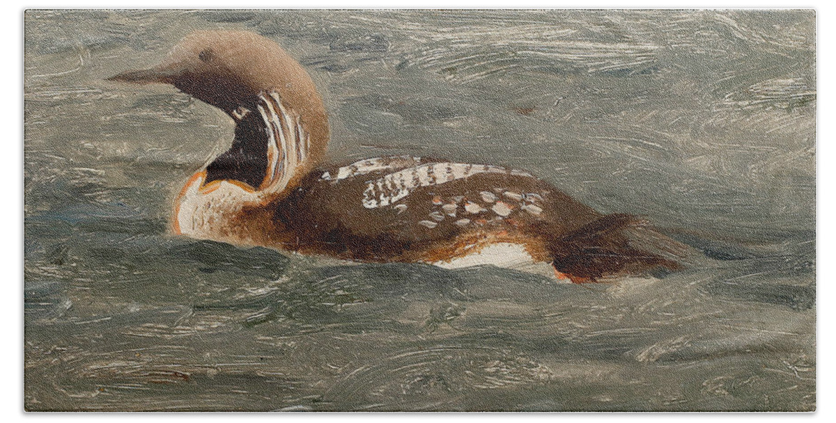 Bruno Liljefors  Hand Towel featuring the painting Swimming loon by Celestial Images