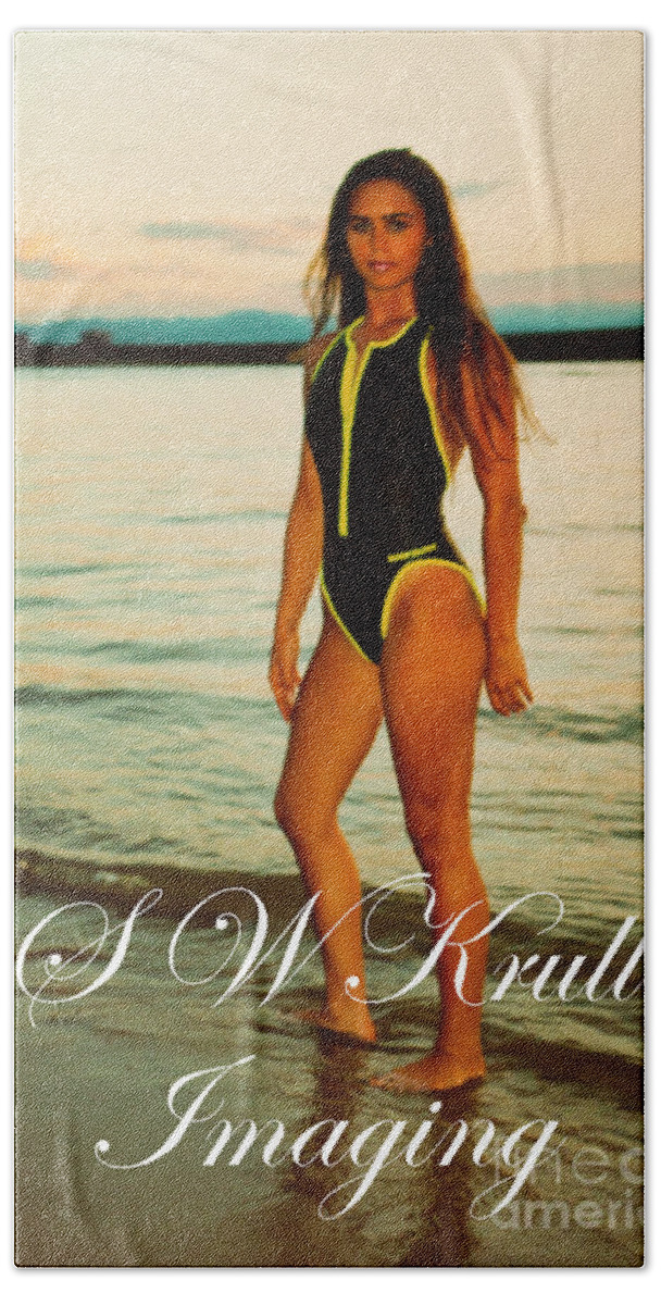 Beautiful Models Bath Sheet featuring the photograph Swimsuit Girl Ad Sunset large print by Steven Krull