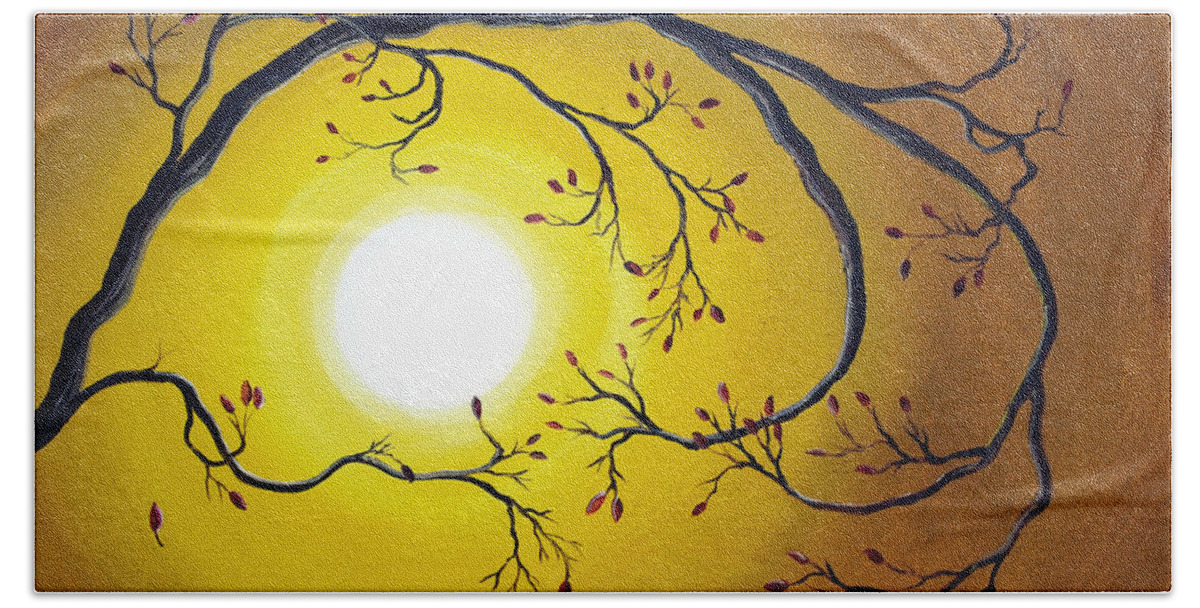 Zen Bath Towel featuring the painting Swirling Branch in Autumn Glow by Laura Iverson