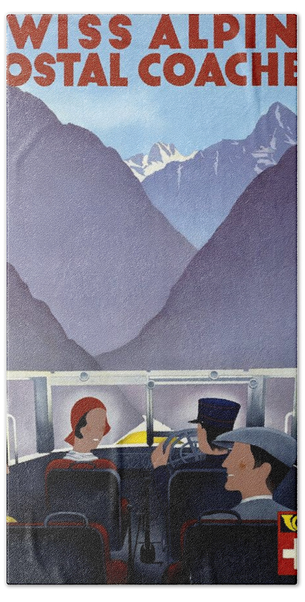 Swiss Hand Towel featuring the mixed media Swiss Alpine Postal Coaches - Switzerland - Retro travel Poster - Vintage Poster by Studio Grafiikka