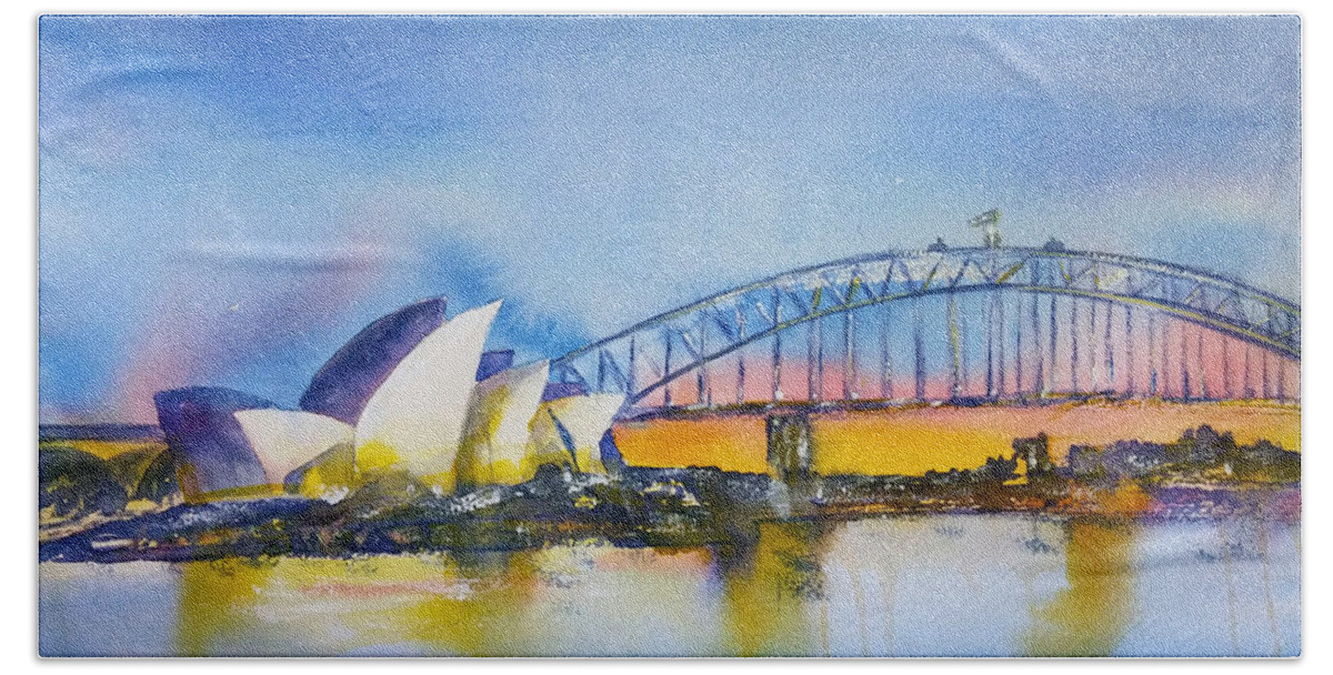  Bath Towel featuring the painting Sydney Harbor at Sunset by Debbie Lewis