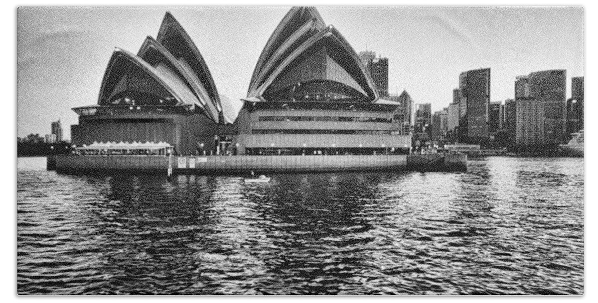 Sydney Opera House Bath Towel featuring the photograph Sydney Opera House-Black and White by Douglas Barnard