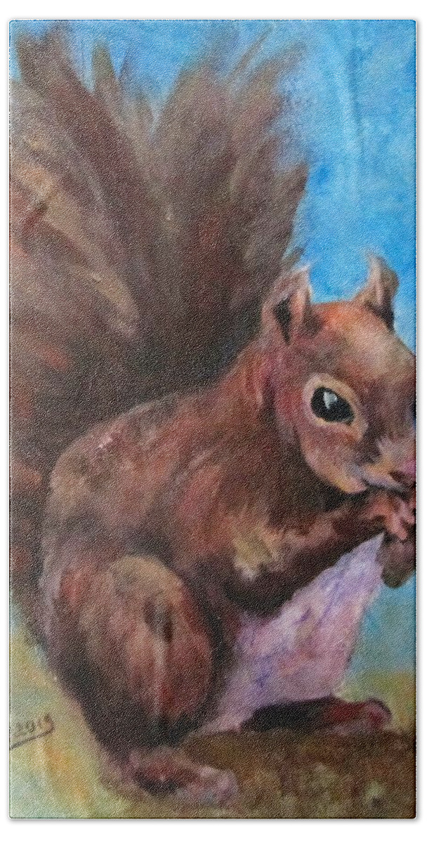 Squirrel Bath Towel featuring the painting Sylas Saves for Winter by Barbara O'Toole