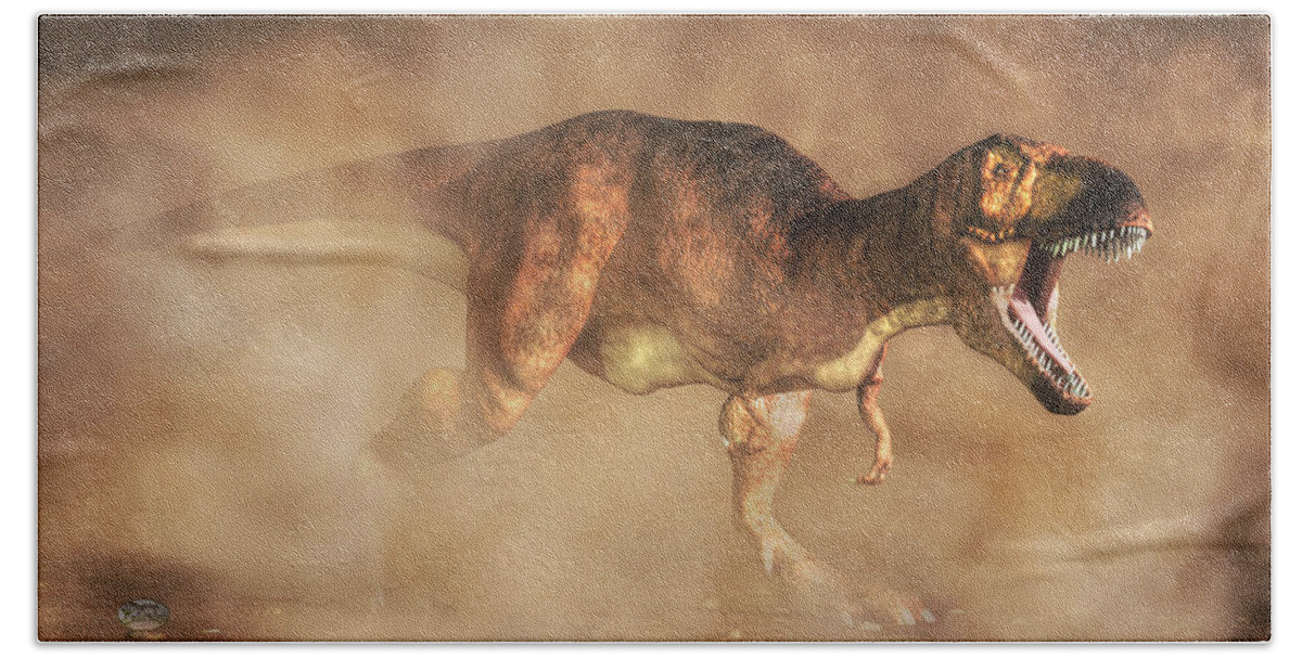 Tyrannosaurus Bath Towel featuring the digital art T-Rex in a Dust Storm by Daniel Eskridge