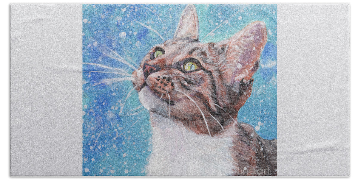 Tabby Cat Bath Towel featuring the painting Tabby Cat in the Winter by Lee Ann Shepard