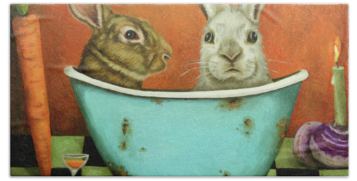 Rabbit Hand Towel featuring the painting Tale Of Two Bunnies by Leah Saulnier The Painting Maniac