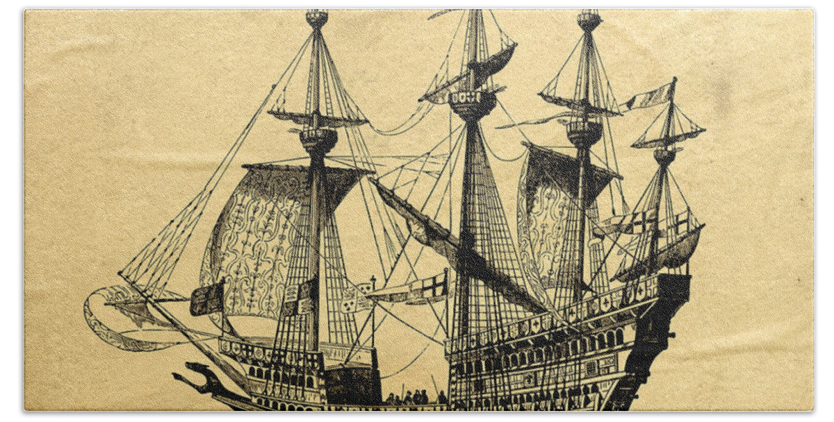 Pirate Bath Towel featuring the drawing Tall Ship Vintage by Edward Fielding