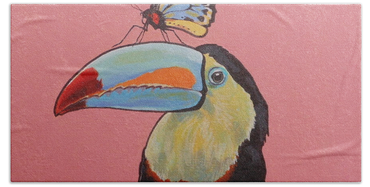 Toucan And Butterfly Bath Towel featuring the painting Talula the Toucan by Sharon Cromwell