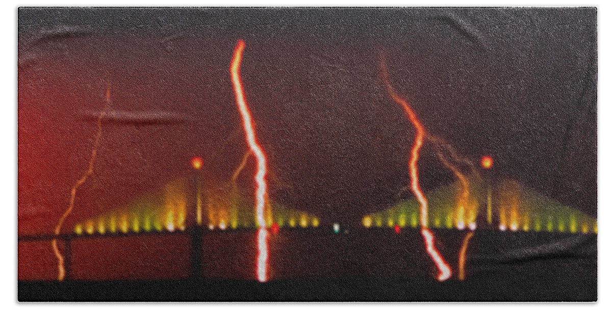 Panorama Hand Towel featuring the photograph Tampa Bay Lightning over the Skyway Bridge by Rolf Bertram