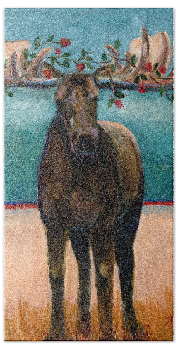 Moose Bath Towel featuring the painting Tangled up in Love by Billie Colson