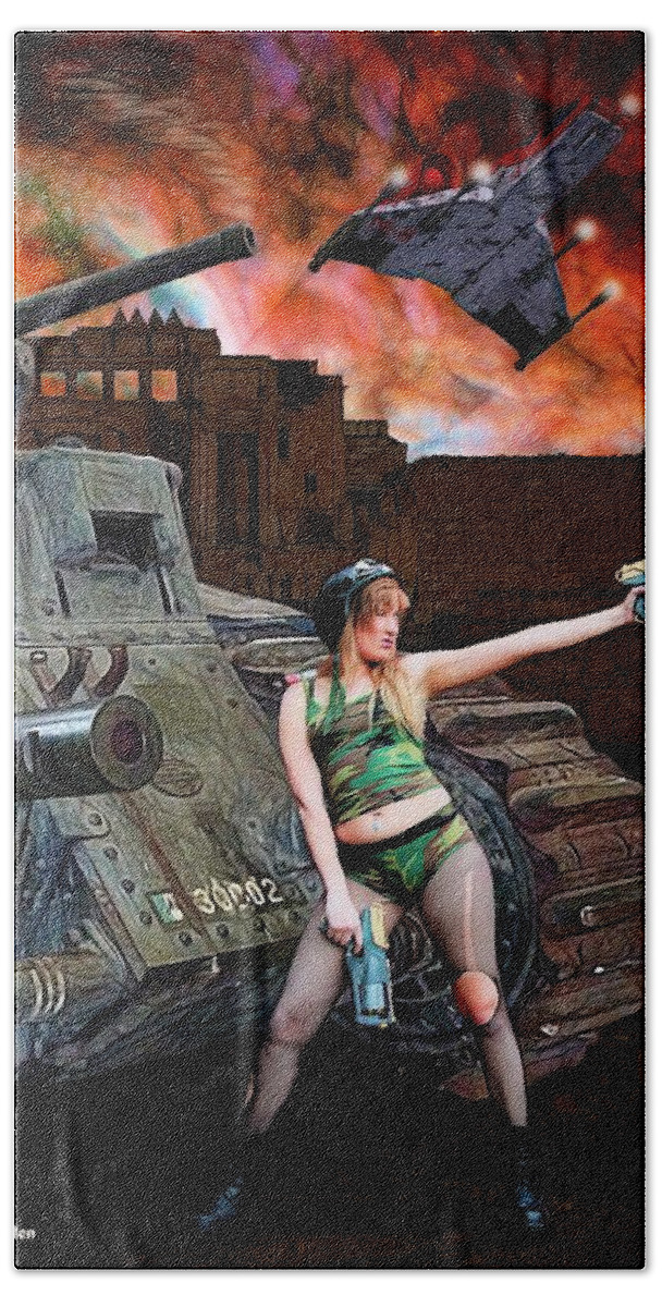 Fantasy Hand Towel featuring the painting Tank Girl in Action by Jon Volden