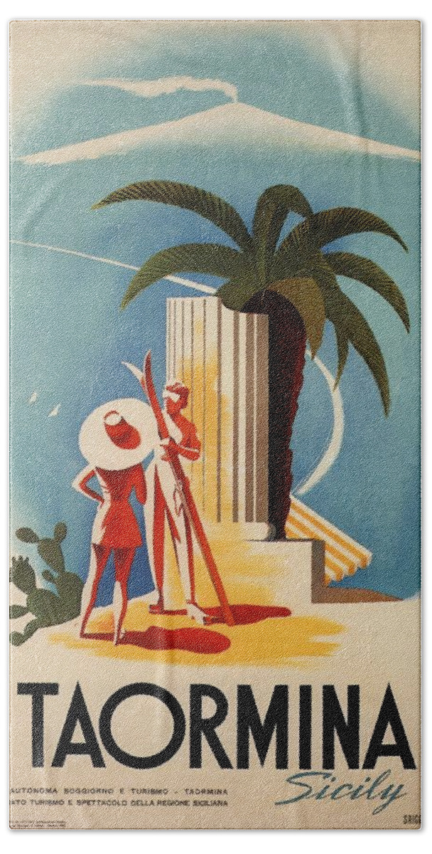 Taormina Hand Towel featuring the mixed media Taormina, Sicily, Italy - Couples - Retro travel Poster - Vintage Poster by Studio Grafiikka