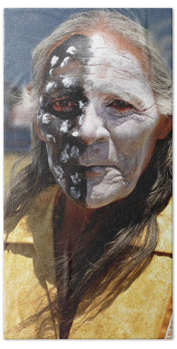 Taos New Mexico Indian Native Face Paint Special Sacred Pow Wow Cermonial Dance Performance Black White Polka Dots Man Usa American Aborginal Hand Towel featuring the photograph Taos Elder by Jennifer Wright