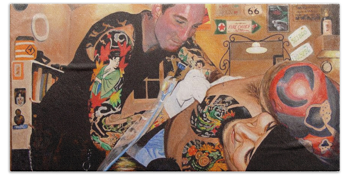 Portrait Bath Towel featuring the painting Tattoo Artist by Quwatha Valentine