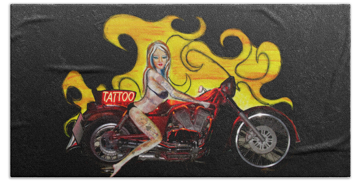 Pop Art Style Pretty Pinup Bikini Biker Girl With Tattoos Of Playing Card Symbols Hand Towel featuring the photograph Tattoo pinup girl on her motorcycle by Tom Conway