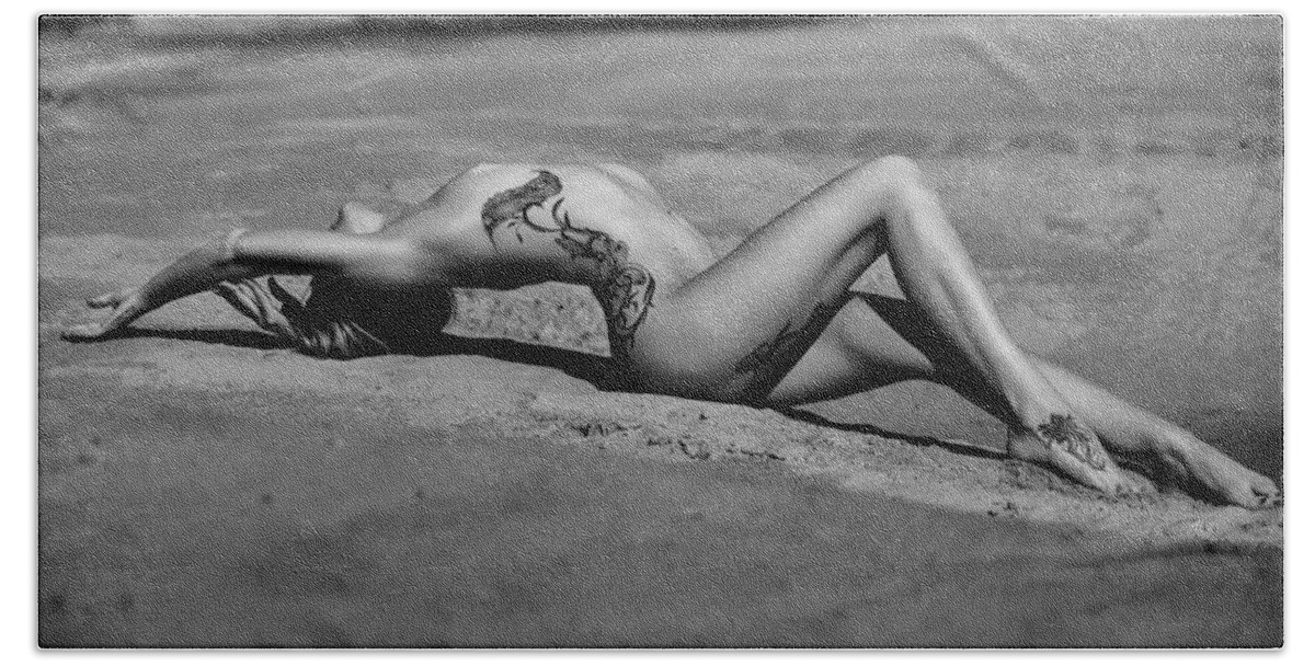 Nude Bath Towel featuring the photograph Tattoo Woman on the Beach by Vitaly Vachrushev