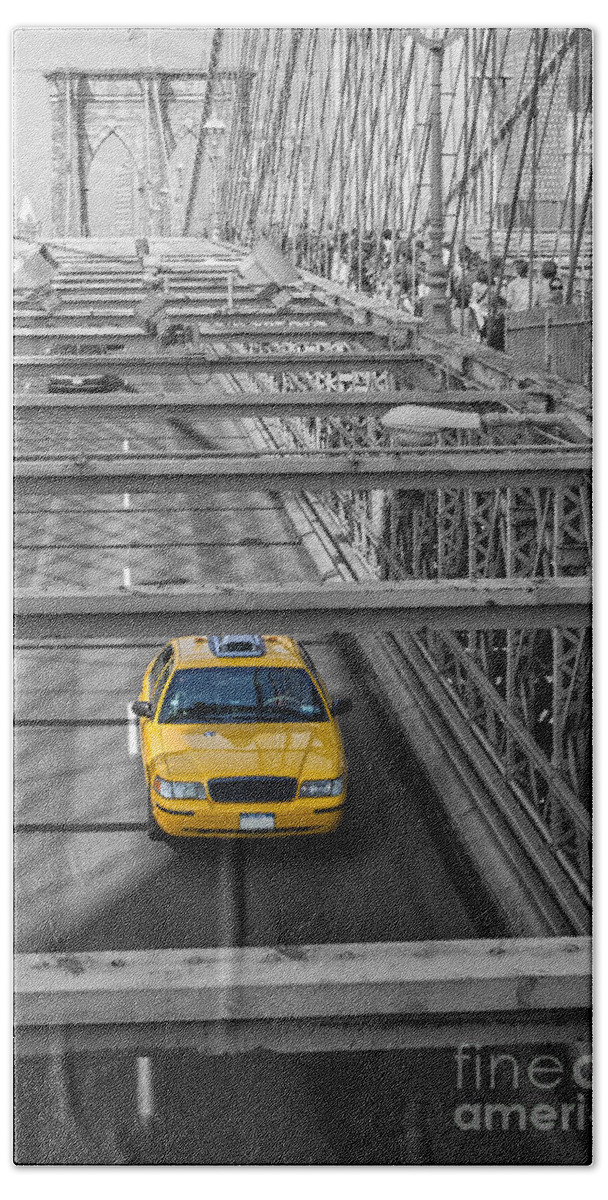 Cab Hand Towel featuring the photograph Taxi on the Brooklyn bridge by Patricia Hofmeester