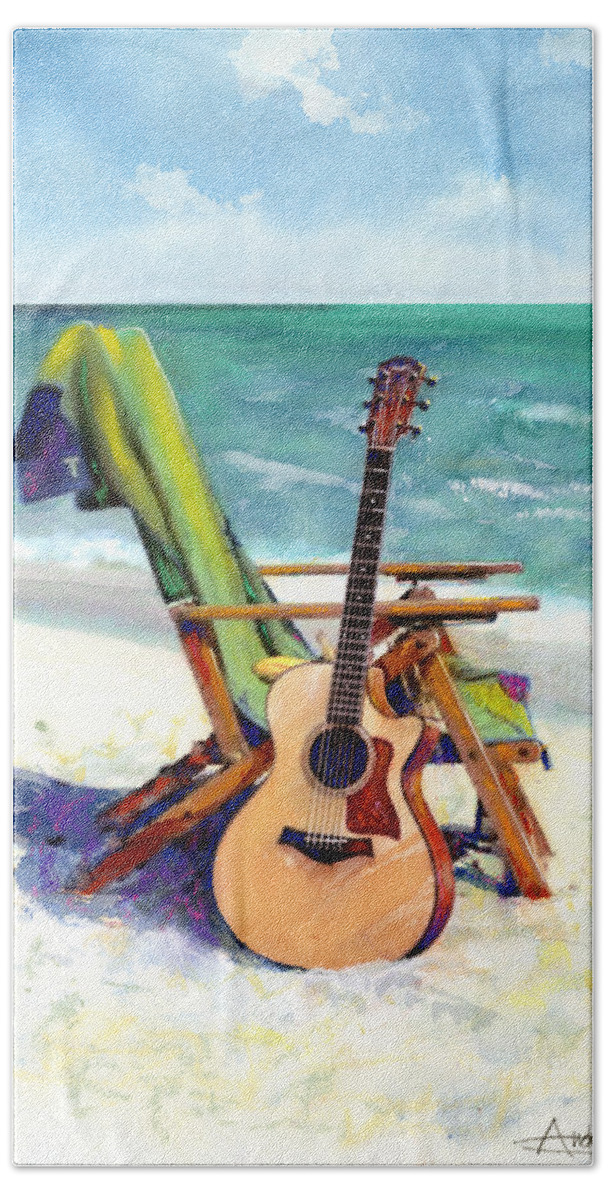 Guitar Paintings Hand Towel featuring the painting Taylor at the Beach by Andrew King