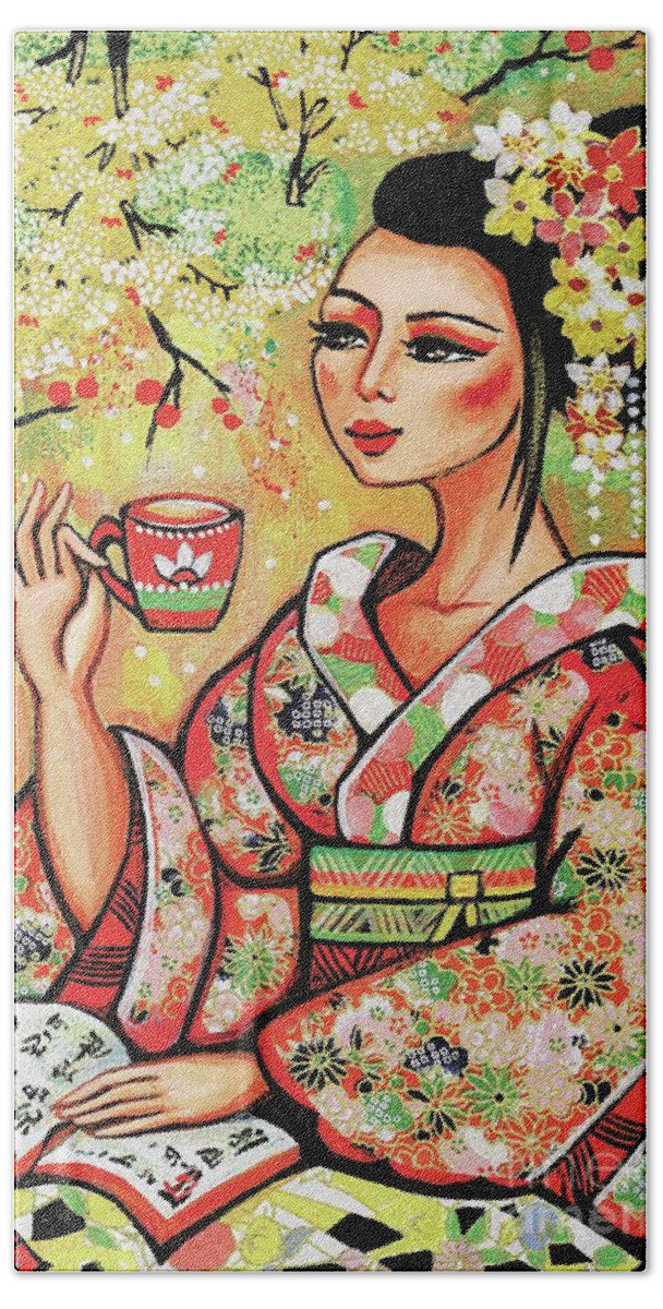 Woman And Tea Hand Towel featuring the painting Tea in the Garden by Eva Campbell