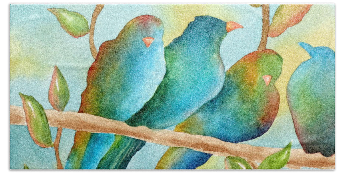 Birds Hand Towel featuring the painting Teal Tails by Deborah Ronglien