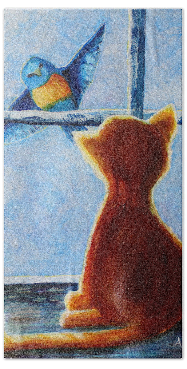 Cat Bath Towel featuring the painting Teasing Cat by April Burton