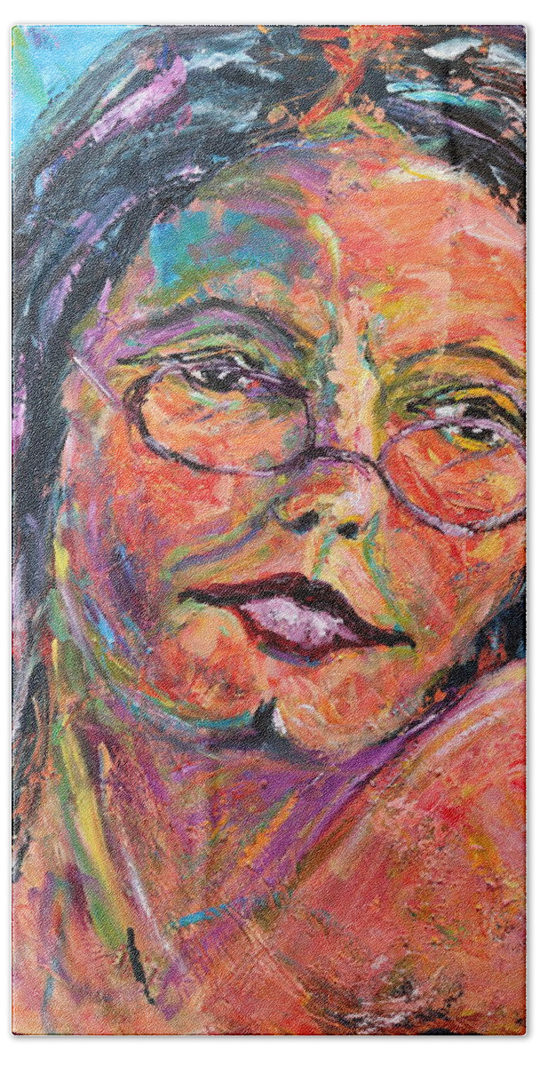 Portrait Bath Towel featuring the painting Tell me more by Madeleine Shulman
