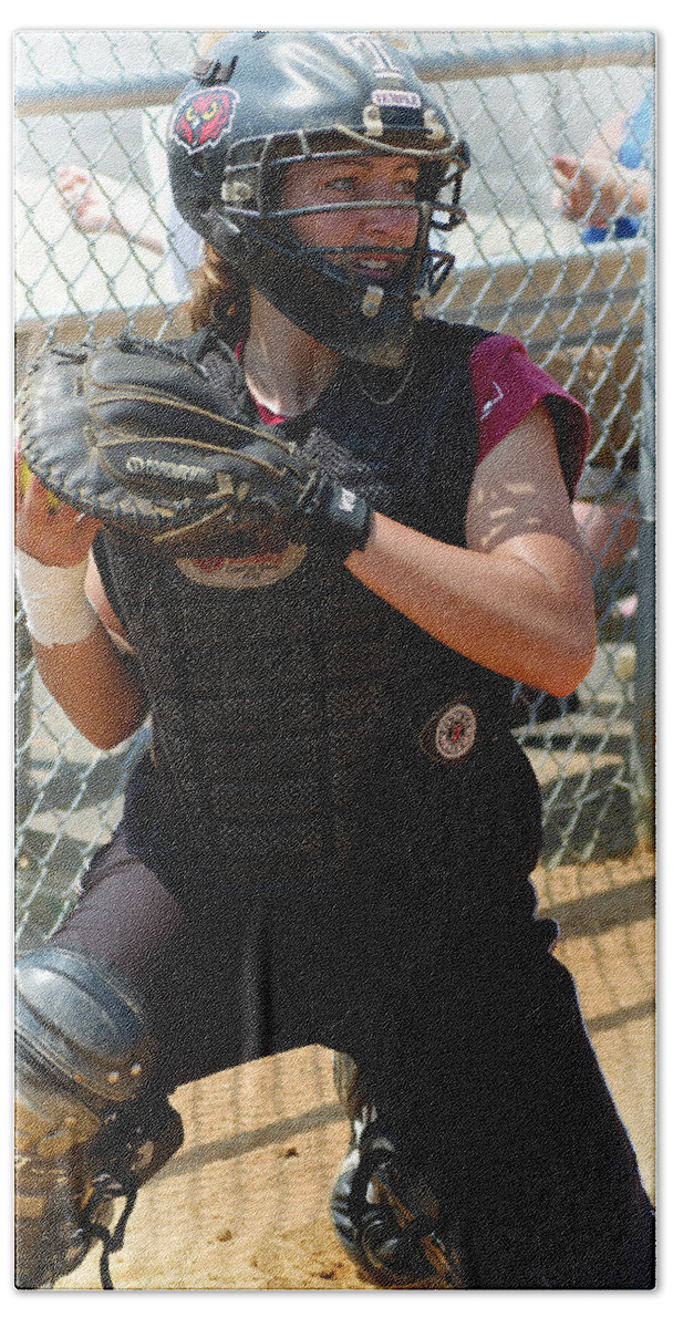 Softball Bath Towel featuring the photograph Temple University Bullpen Catcher by Mike Martin