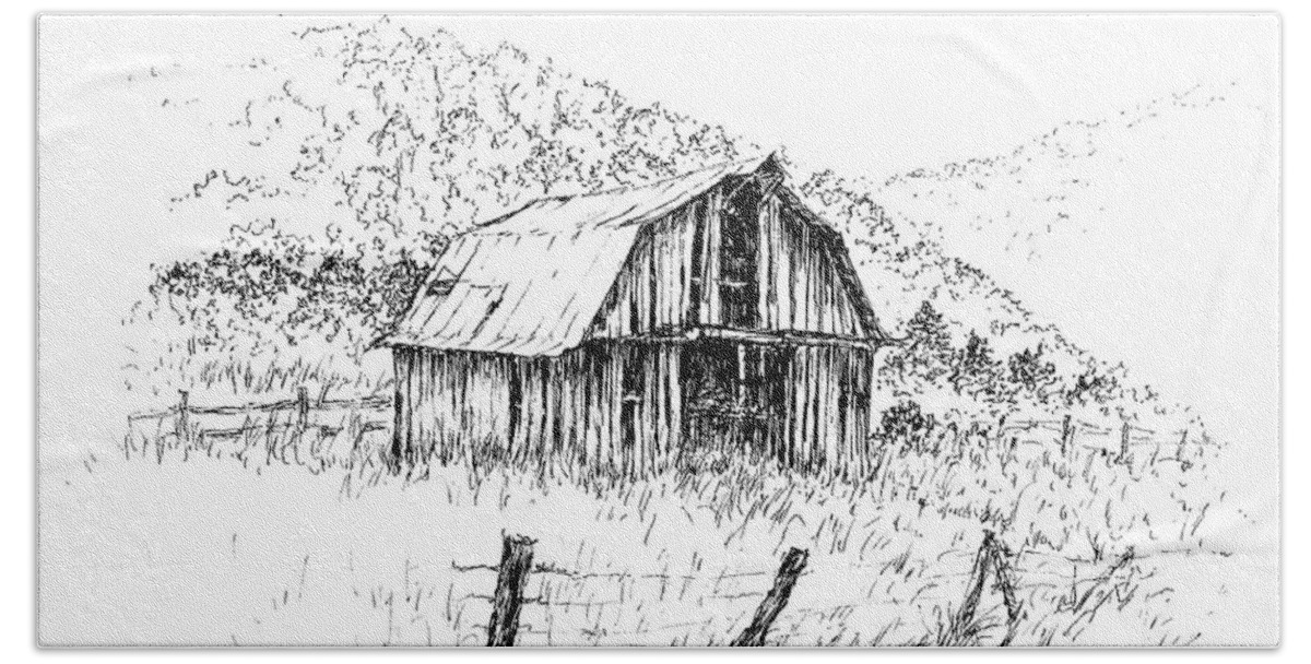 Tennessee Hills Barn Hand Towel featuring the drawing Tennessee Hills with Barn by Randy Welborn