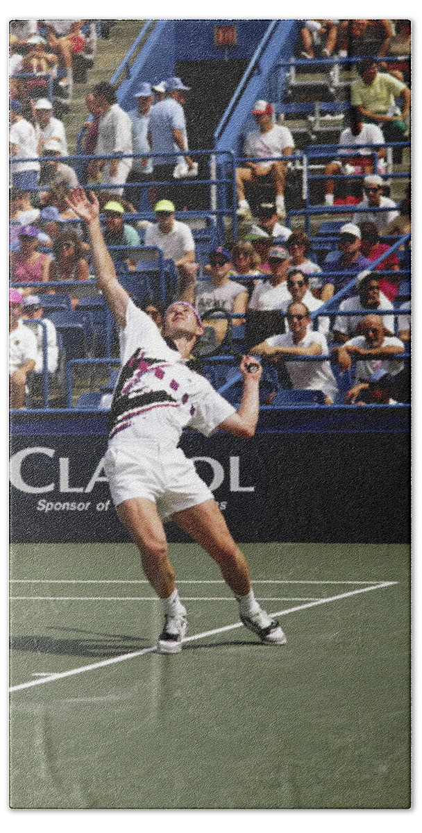 John Mcenroe Serving Hand Towel featuring the photograph Tennis Serve by Sally Weigand
