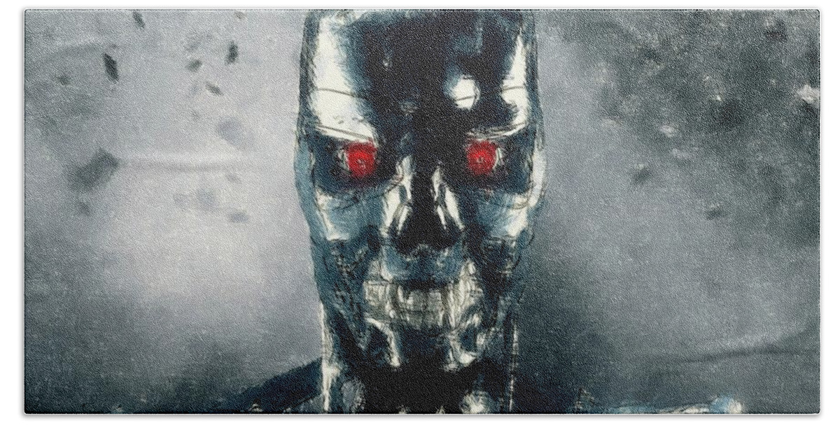 Terminator Bath Towel featuring the drawing Terminator Oil Pastel Sketch by Movie Poster Prints
