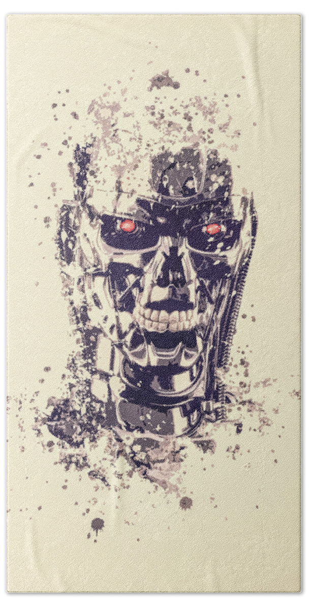 Terminator Hand Towel featuring the painting Terminator T-800 splatter painting by Milani P
