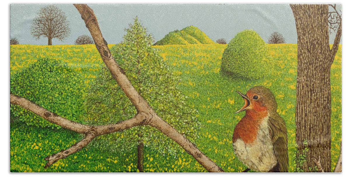 Red Robin Breast Hand Towel featuring the painting Territorial rights by Pat Scott