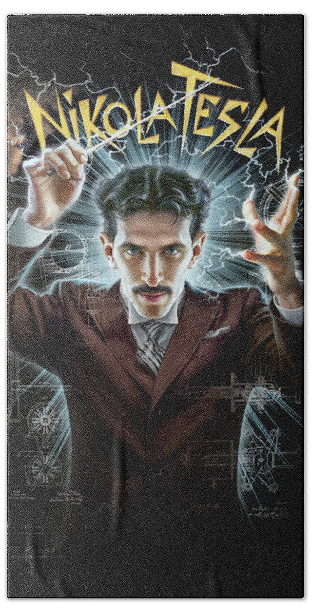 Nikola Tesla Hand Towel featuring the digital art Tesla, Conductor of Electricity by Mark Fredrickson