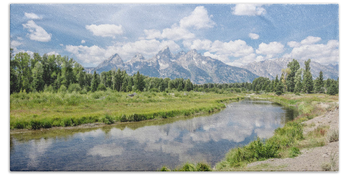 Grand Tetons Hand Towel featuring the photograph Tetons at Schwabacher Landing by Margaret Pitcher