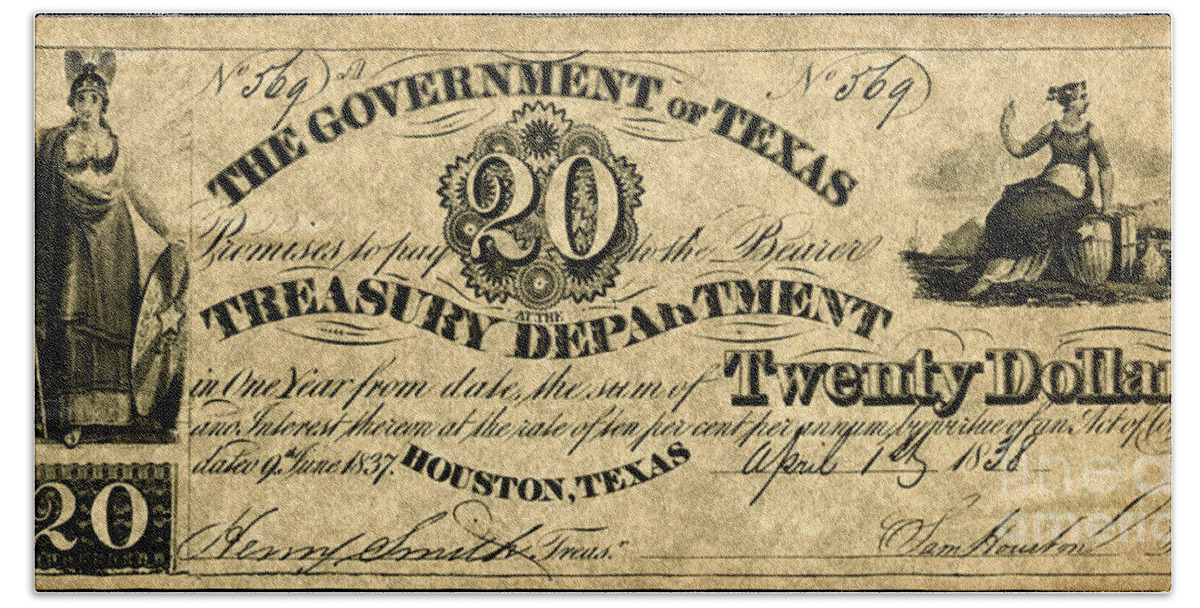 1838 Bath Towel featuring the photograph Texas Banknote 1838 by Granger